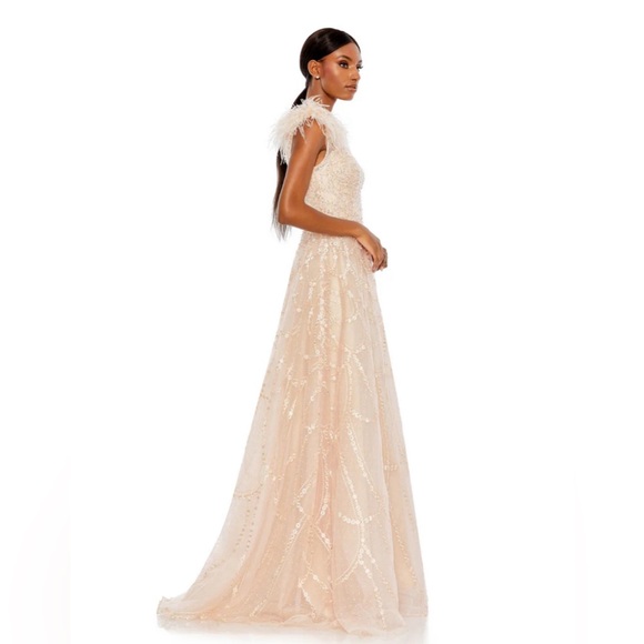 Feathered one shoulder A-line embroidered long gown - Picture 2 of 11